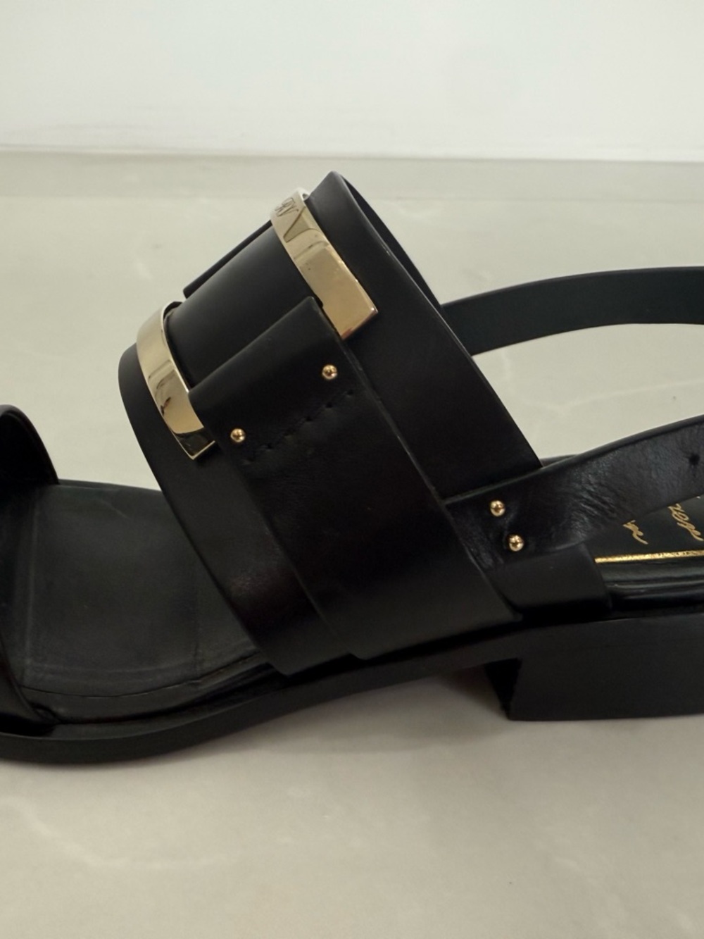Roger Vivier Black Leather Sandals with Gold Accents - Picture 2 of 5